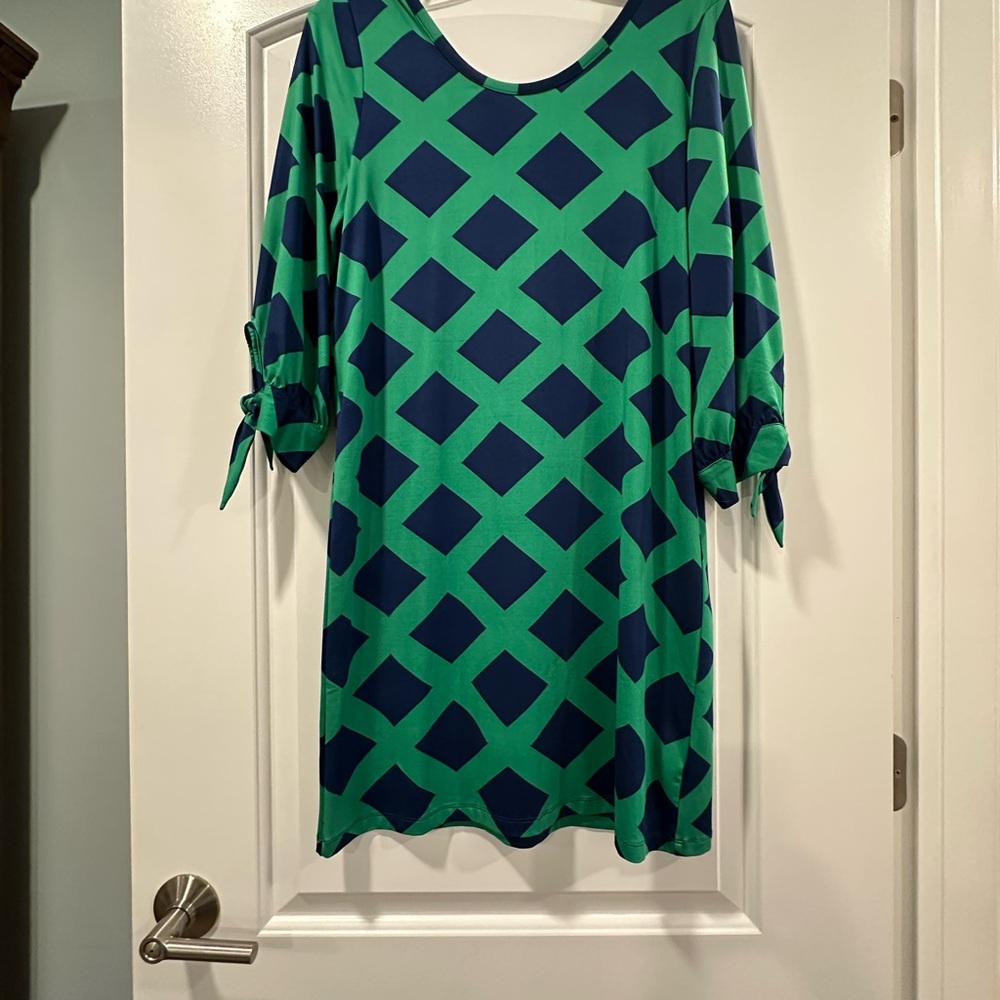 Mud Pie Green and Blue Sheath Dress with Cuffed 3/4 Sleeves